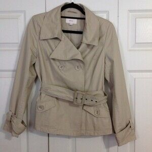 MERONA Size Medium Khaki Tan Belted Jacket Button Up Shoulder Pads Lined Neutral